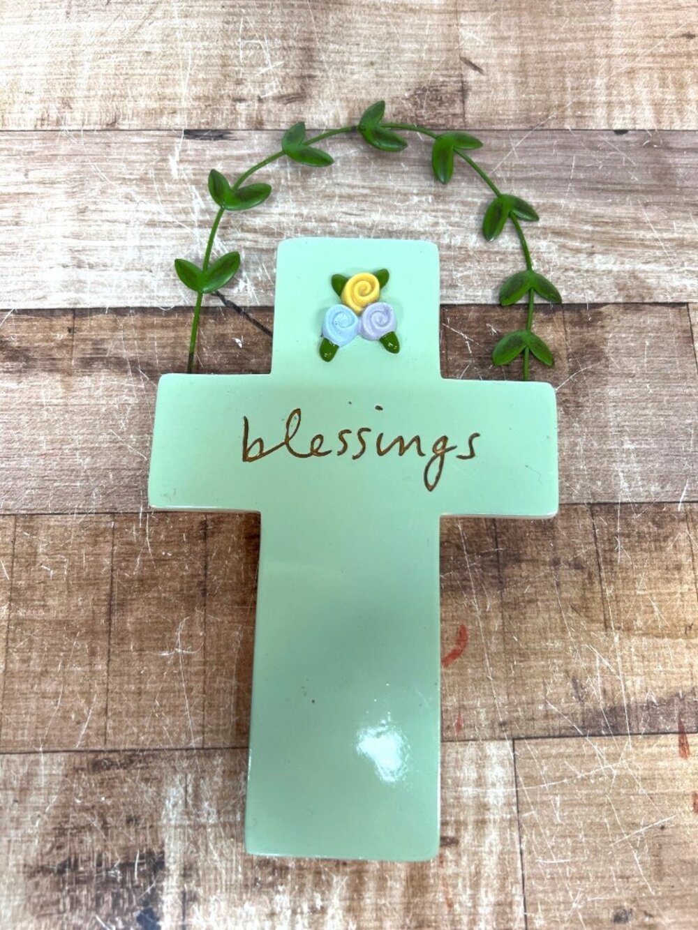 Blessings Cross Wall Plaque With Floral Design & Vine Accent By Sandra Magsamen